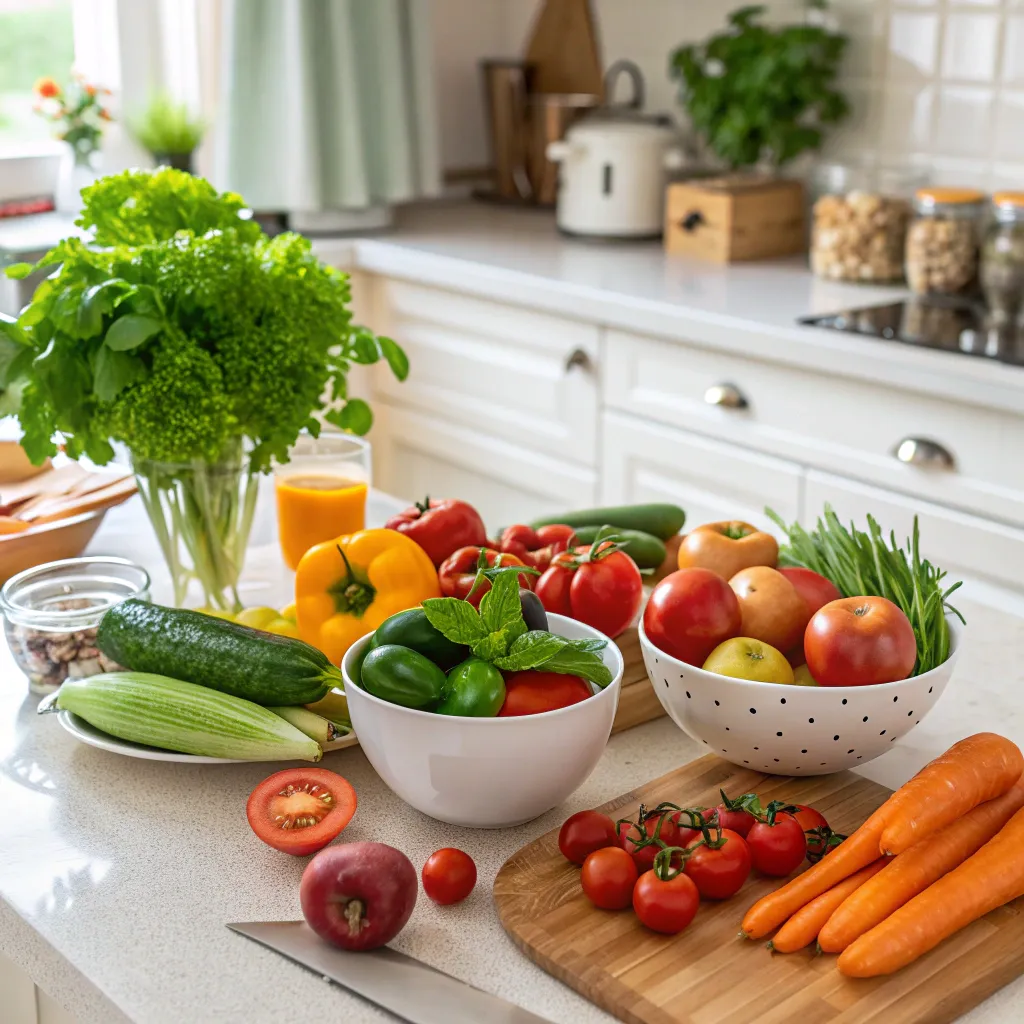 A vibrant kitchen scene with fresh ingredients